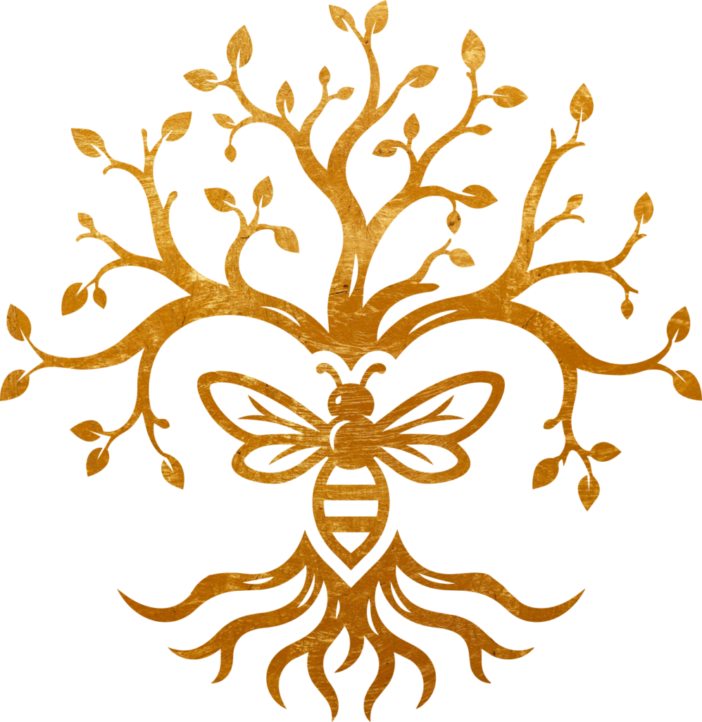 Viikinkihunajan logo; Viikinkien elämänpuu Yggdrasil jonka keskellä iso mehiläinen